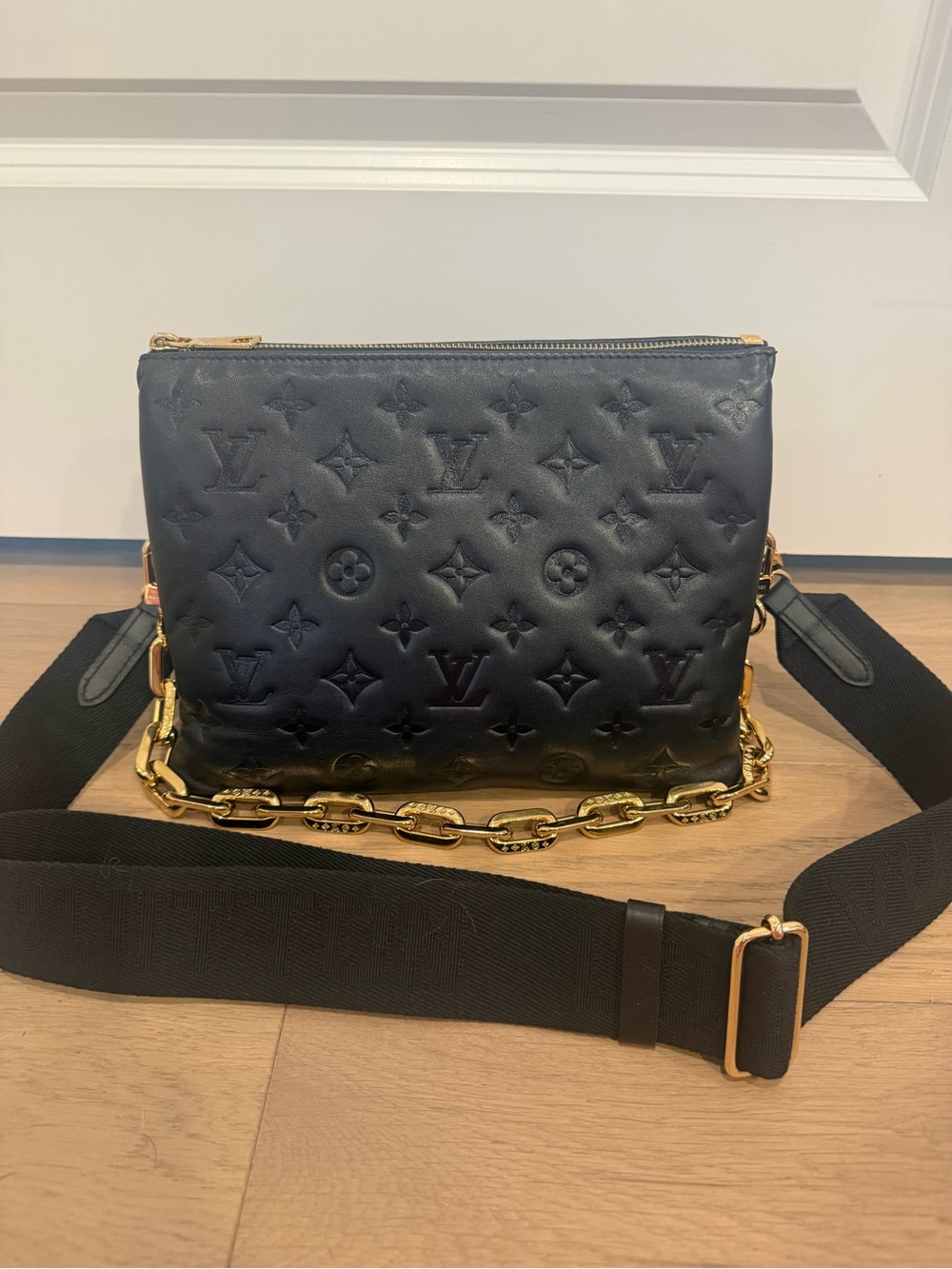Louis Vuitton Black Embossed Monogram Shoulder Bag with Gold Hardware